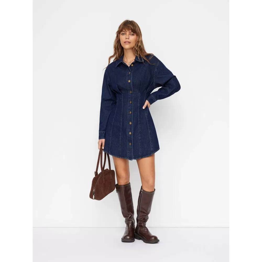 Vestido de Camisa de Denim Feminino de Qualidade Luxuosa para Primavera e Outono com Gola Lapel, Mini Plissado, Manga Longa, Casual de Negócios para Trabalho e Escritório