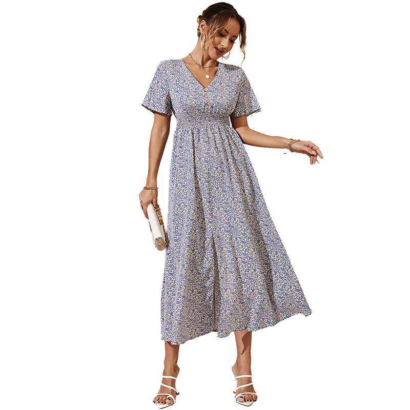 Saia de Flor, Manga Curta, Saia Longa, Vestido Casual, Moda Solta Floral, Verão Feminino, Estilo Gentil, Atacado