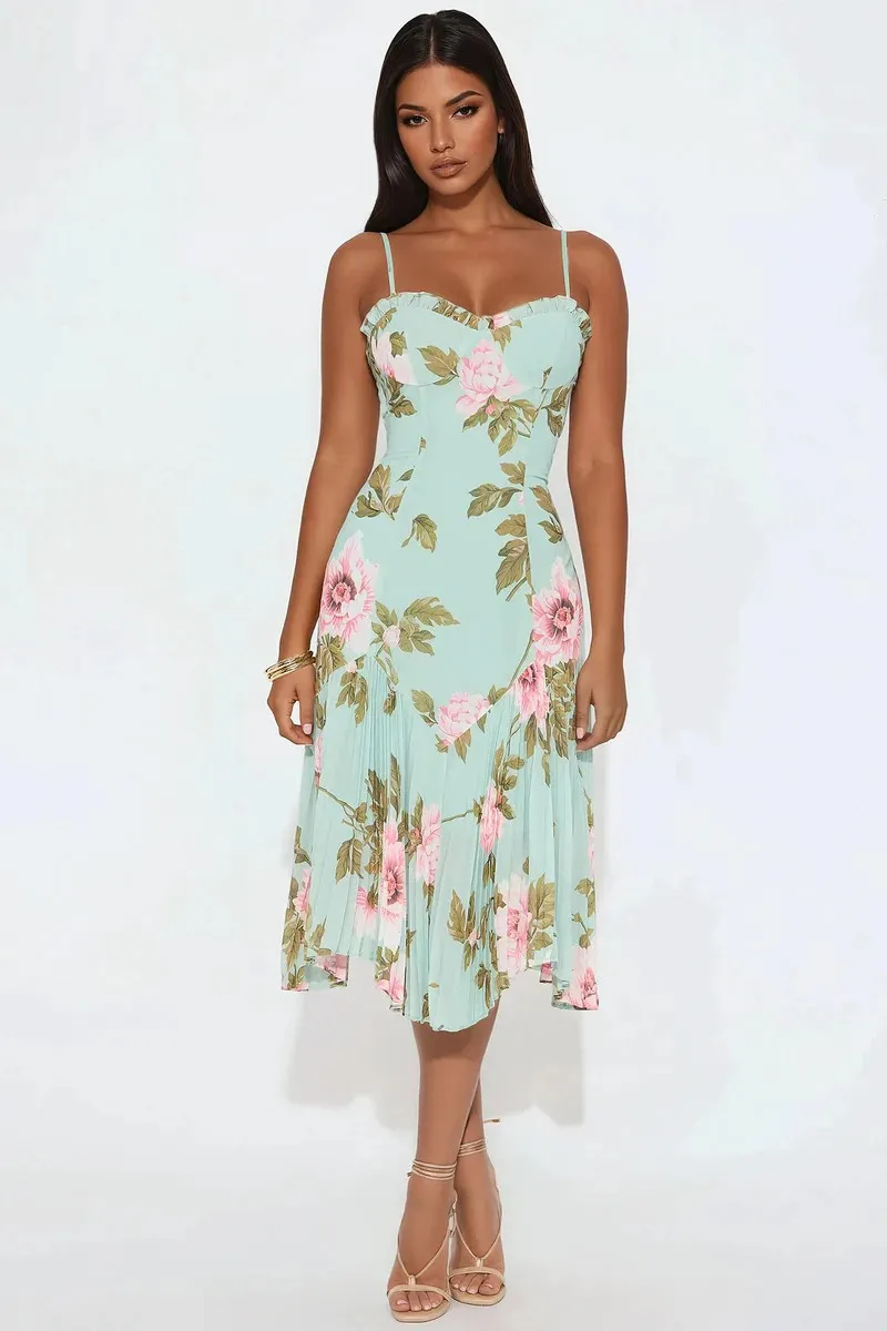 Vestido midi de alças finas com estampa floral em verde menta