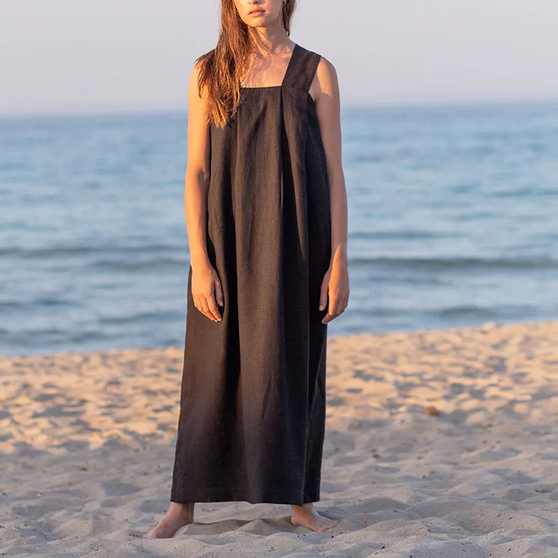 Vestido de linho e algodão solto e estiloso personalizado para uso casual