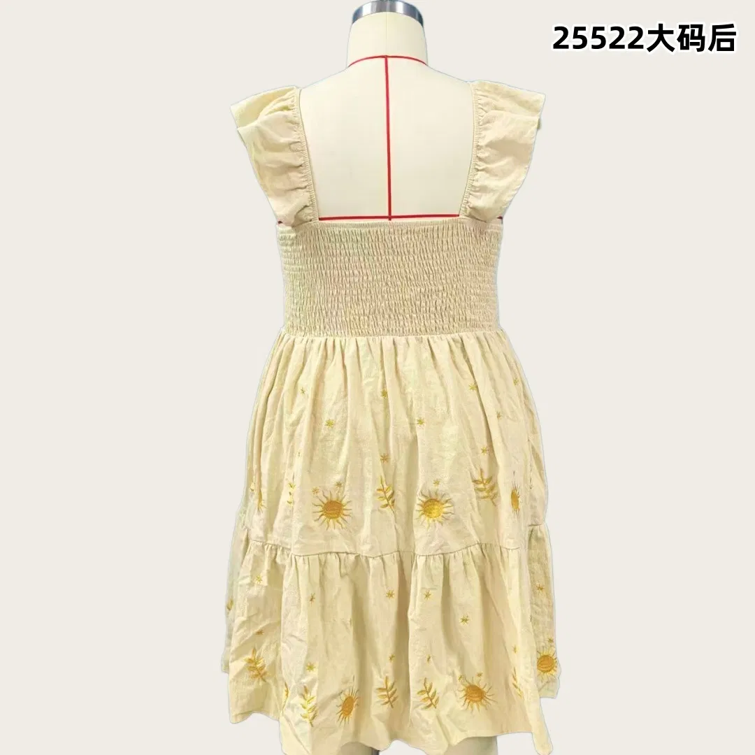 Vestido Mini de Algodão com Bordado de Sol em Tamanho Plus - Vestido Casual Boho com Cintura Smock