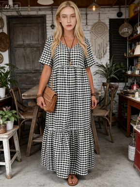 Vestido Maxi de Viscose Gingham Preto e Branco - Vestido Longo Casual Flowy de Verão Boho para Mulheres