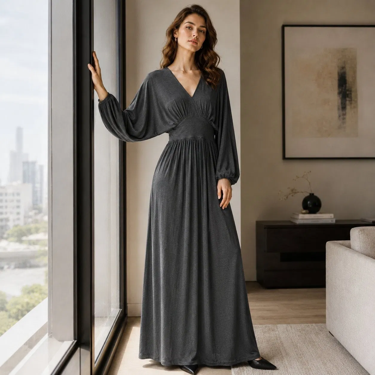 Vestido Maxi com Decote em V Sólido, Cintura Reunida, Manga Longa Balão, Solto e Fluido, Comprimento até o Chão, Casual, para Lazer, Cor Personalizada em Estoque, Atacado