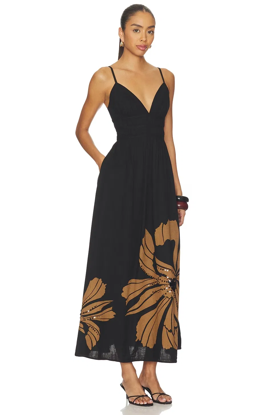 Vestido Midi de Vacança com Alças Finas, Decote em V, Cintura Ajustada, Floral Preto e Marrom, Feminino, OEM
