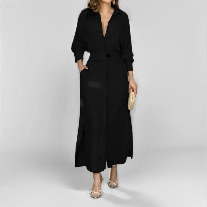Vestido Camisa Feminino Sólido com Fenda Personalizável Casual Decote em V Manga Longa com Bolsos Saia Longa Vestido de Rua para Mulheres