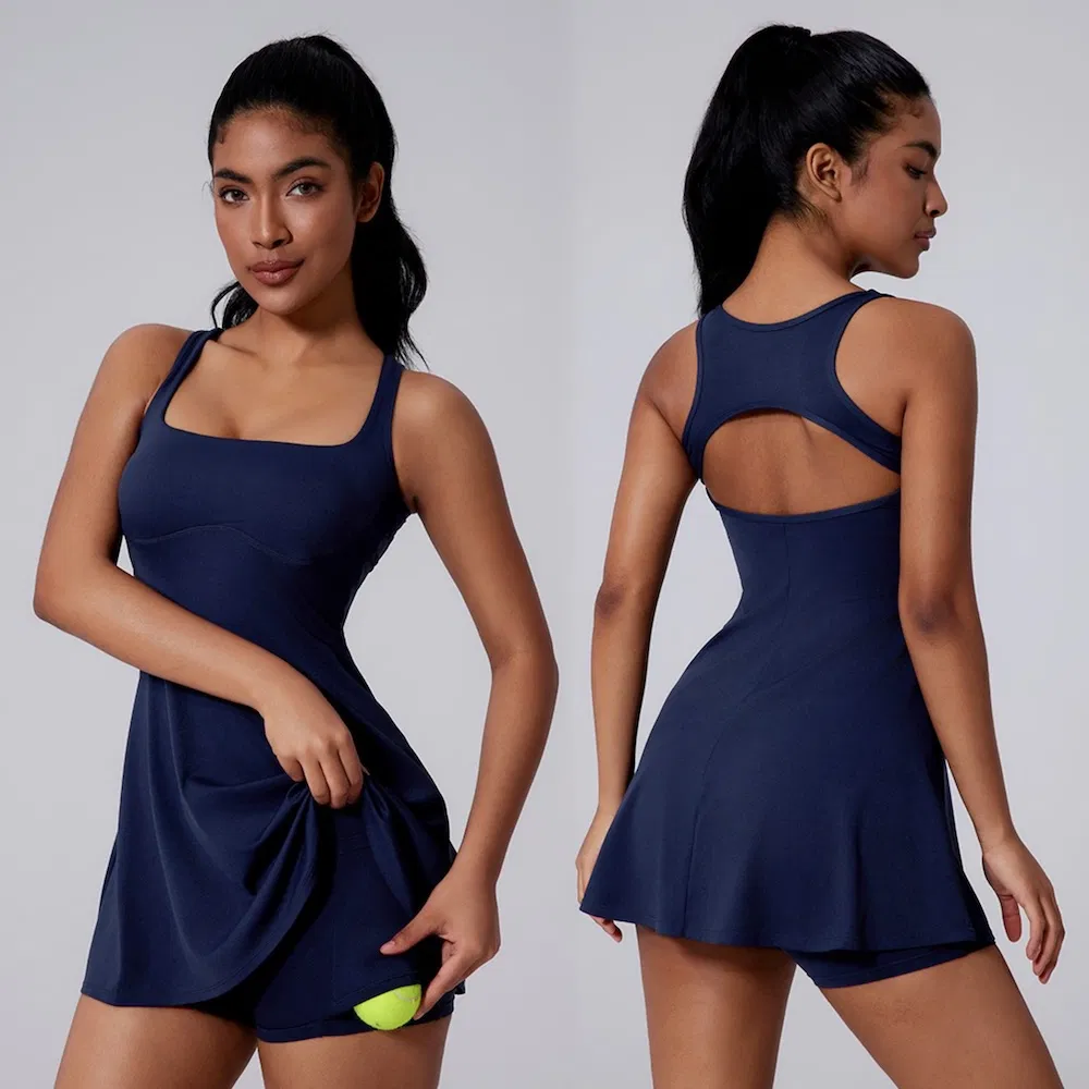 Último 2PCS Vestido Sexy Hollow Back de Pickleball e Tênis com Sutiã para Mulheres, Roupas Casuais de Viagem para Praia, Vestido Esportivo de Golfe com Shorts Destacáveis + Bolso