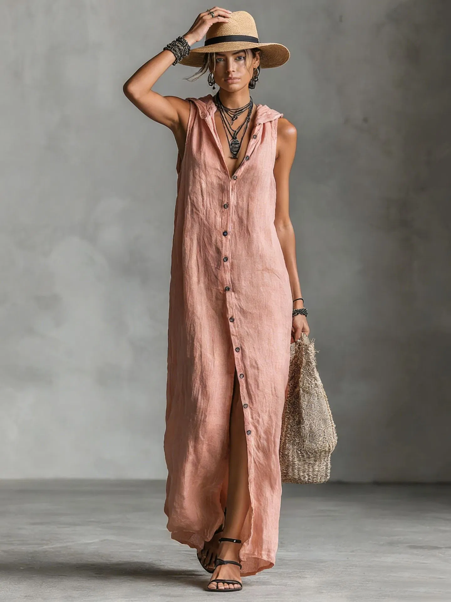 Vestido maxi sem mangas com capuz e botões na frente para mulheres