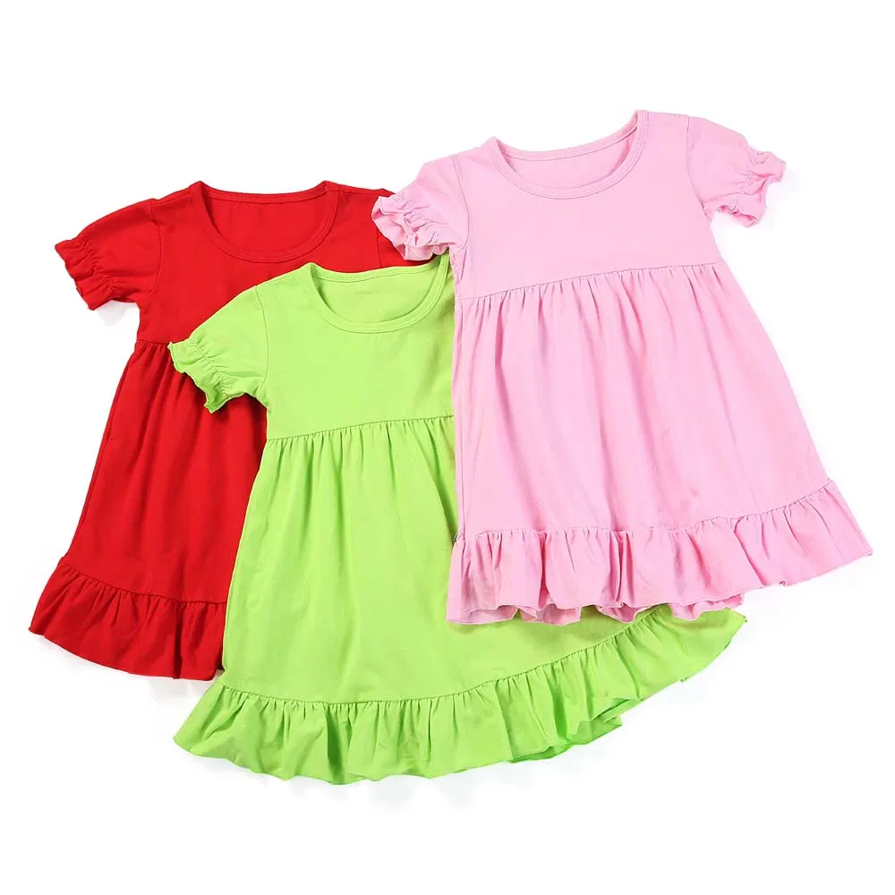 Vestido Casual de Verão Infantil de Manga Curta em Algodão Puro com Renda em Cores Sólidas