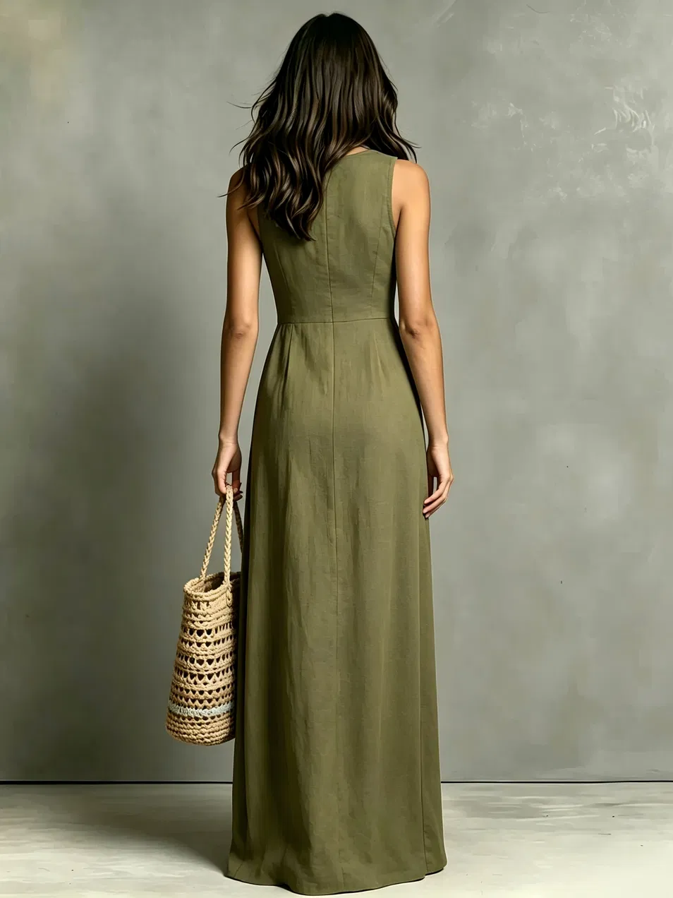 Vestido midi casual sem mangas com lapela e botões, em cor sólida, com bolsos