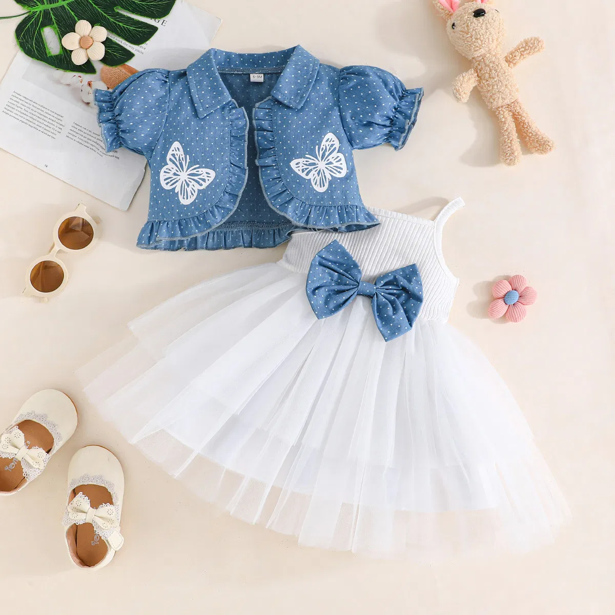 Conjuntos de Roupas de Bebê Vestido para Menina Casual Jaqueta Cowboy de Manga Curta Vestido de Malha com Flores Vestidos para Meninas