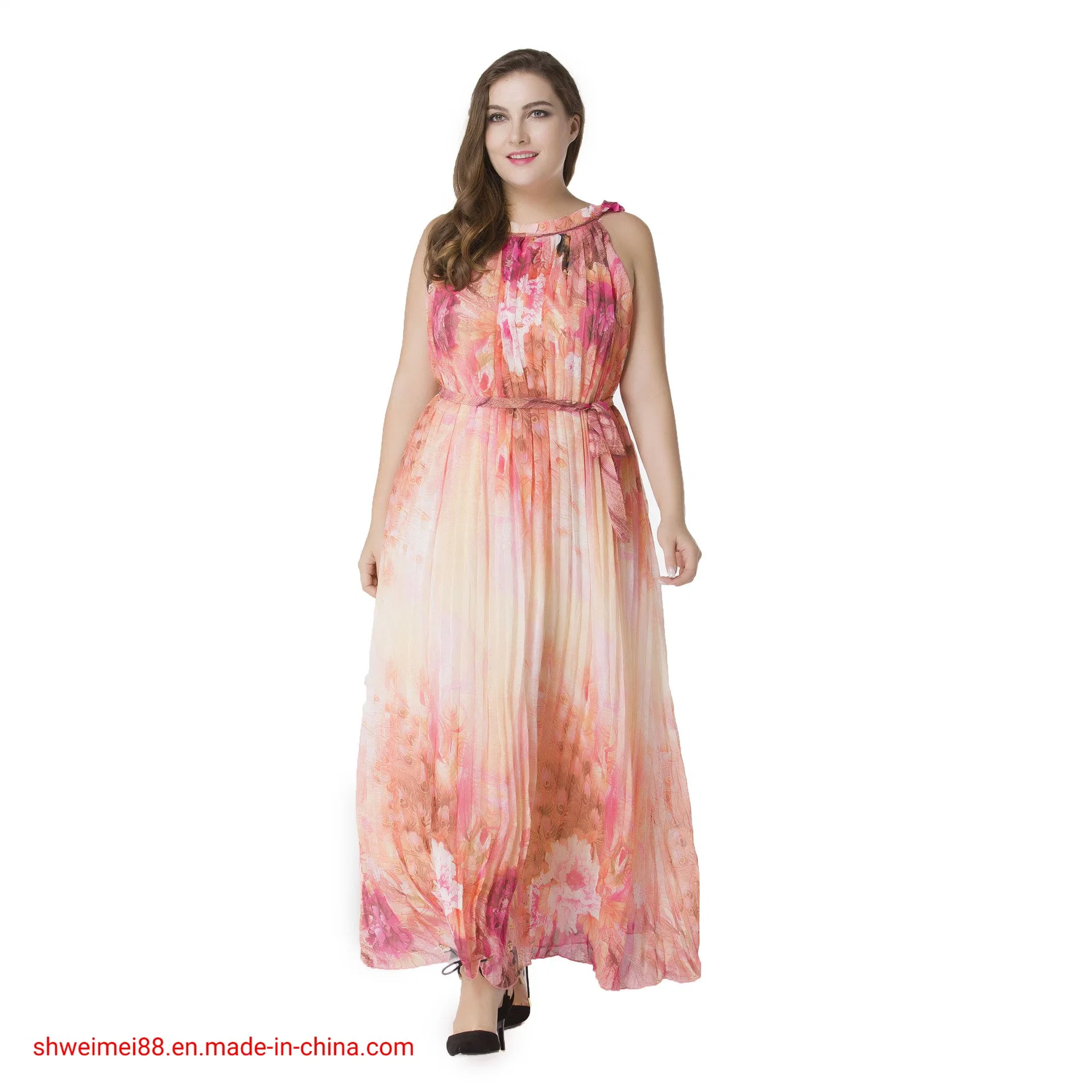2020 Vestido Maxi Longo Casual Boho Sem Mangas em Chiffon com Estampa Floral para Mulheres Plus Size