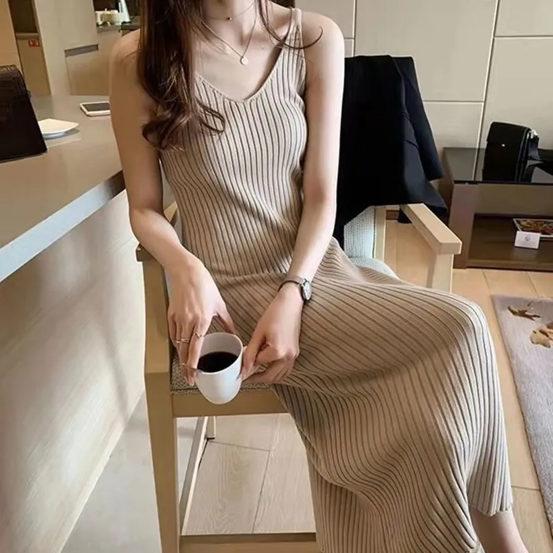 Nova Chegada Vestido Tricotado Feminino Costas Abertas Leve Mistura de Algodão e Linho Tamanho XS-XXL Primavera Verão Casual Vestido Tricotado