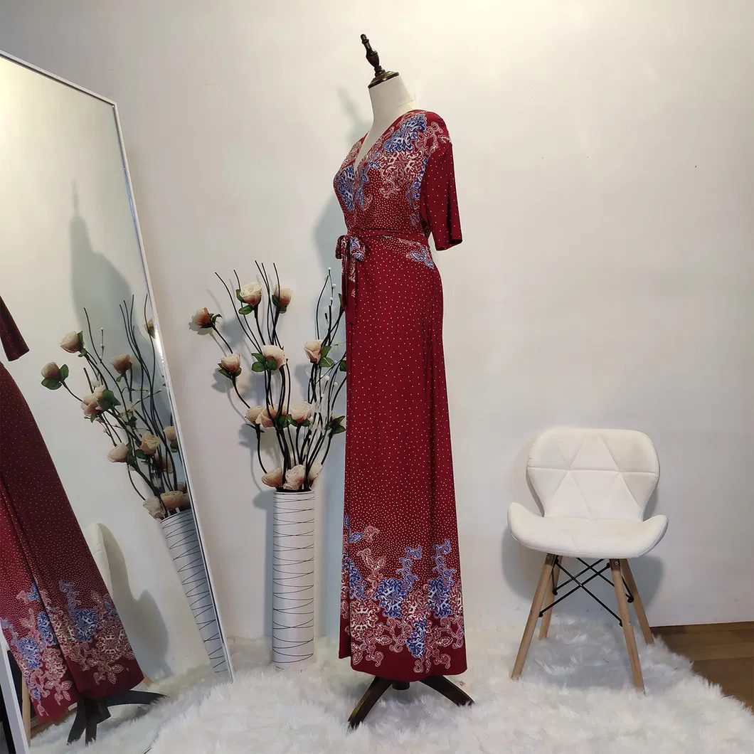 2020 Vestido Maxi Longo Casual de Verão com Manga Curta e Decote em V para Mulheres