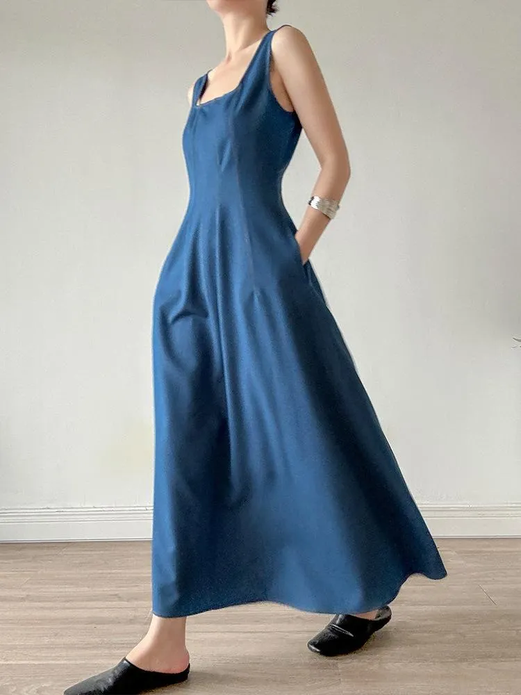 Vestido Maxi Azul com Decote Quadrado Elegante para Mulheres