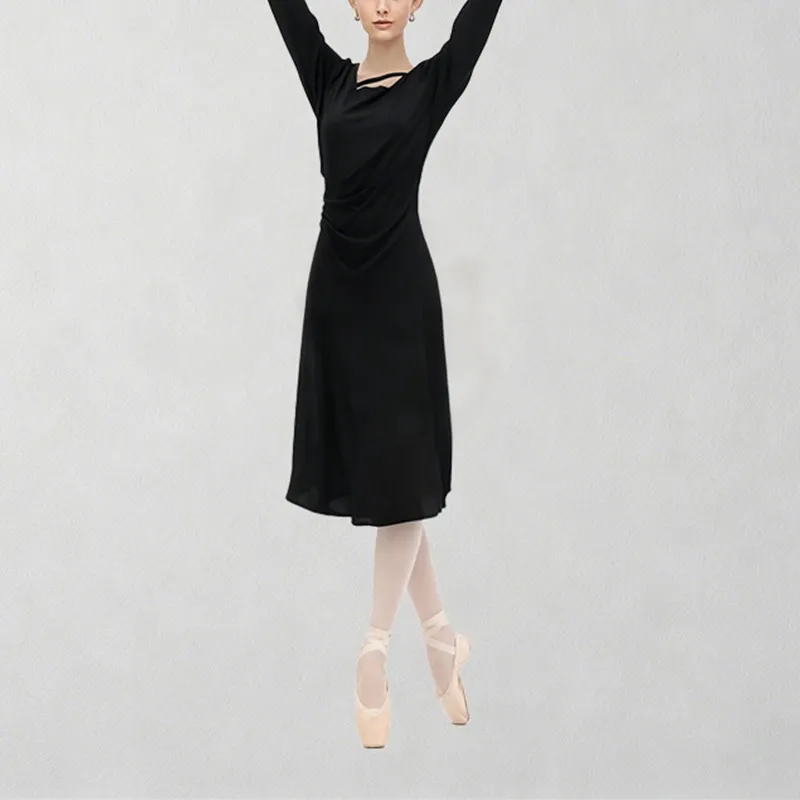 Vestido Casual Longo de Manga Longa com Gola Média e Decote Quadrado