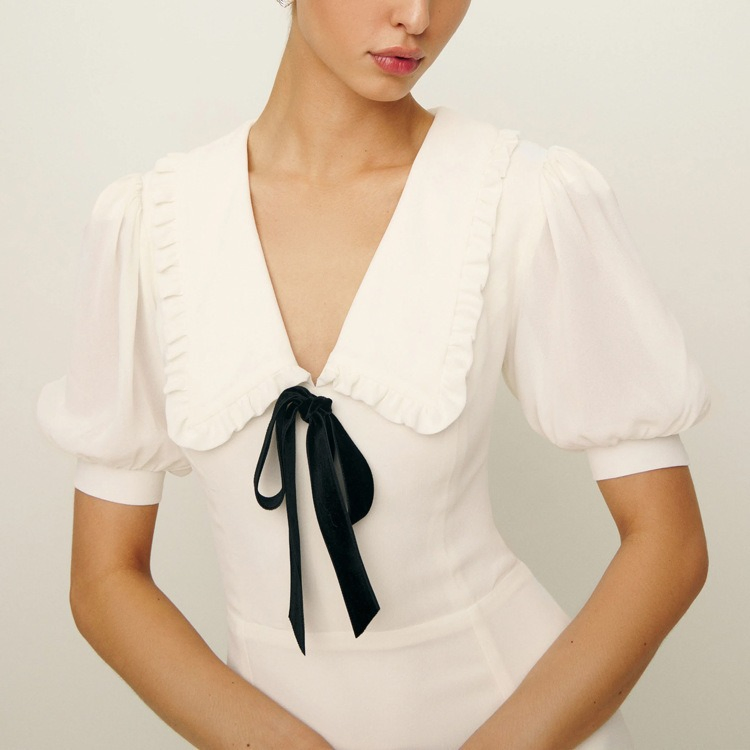 Vestido midi longo casual elegante de verão com gola Peter Pan, cintura alta, ajuste slim e mangas curtas brancas
