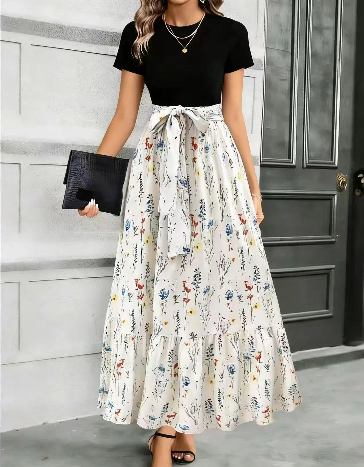 Vestido Casual Longo com Estampa Floral, Top com Recortes e Cinto na Cintura para Mulheres