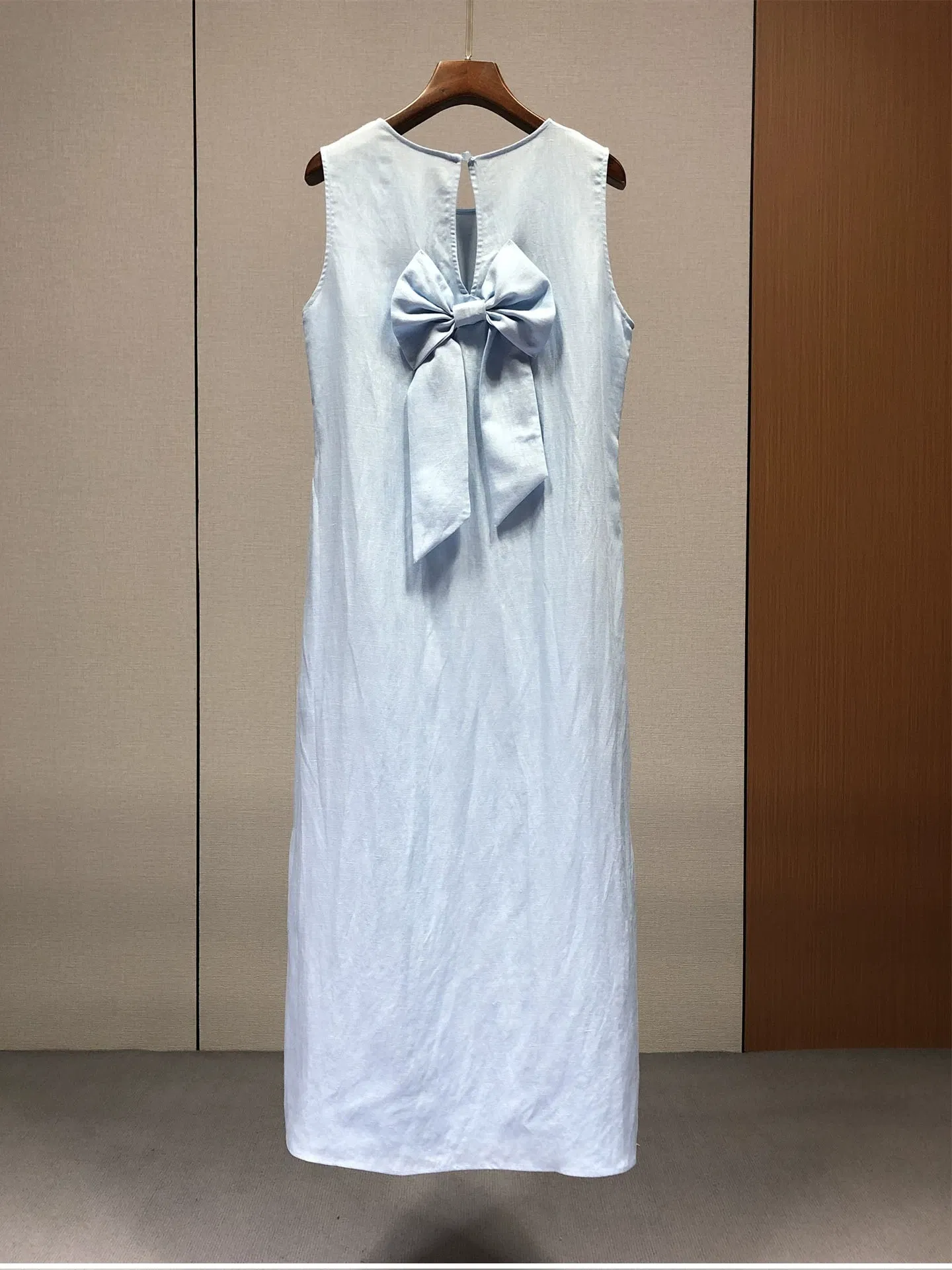 Vestido Longo Sem Mangas Lady Linen com Laço nas Costas e Fenda Lateral Roupas Casuais de Verão para Férias Atacado Personalizado