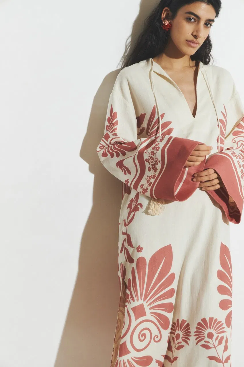 Vestido longo solto de linho floral clássico de alta qualidade para mulheres com uso casual