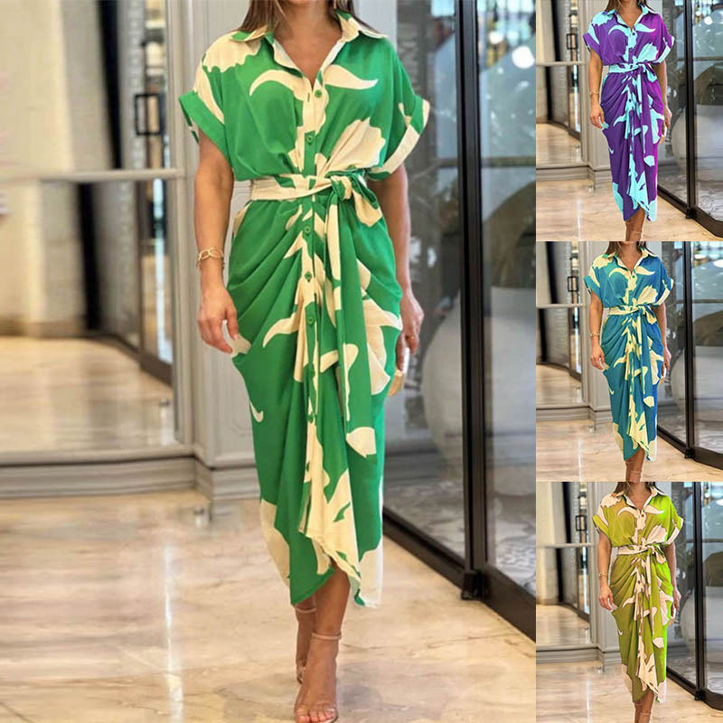 Vestido Casual Feminino Personalizado de Primavera e Verão com Gola, Manga Curta, Cintura Alta e Estampa de Vestido Longo