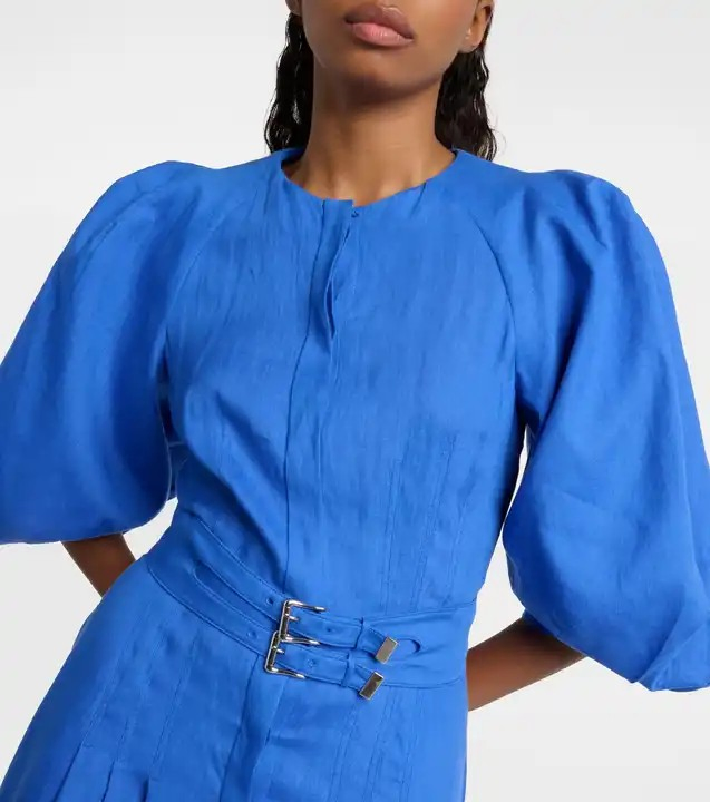 Venda por atacado de vestido casual de outono com mangas bufantes, botão frontal, cinto e pregas, vestido em mistura de algodão e linho, roupas femininas