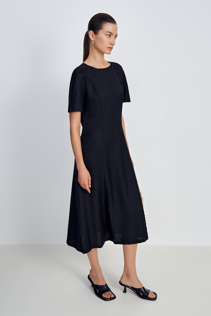 Vestido Casual de Linho Personalizado para Mulheres com Manga Curta e Decote Redondo