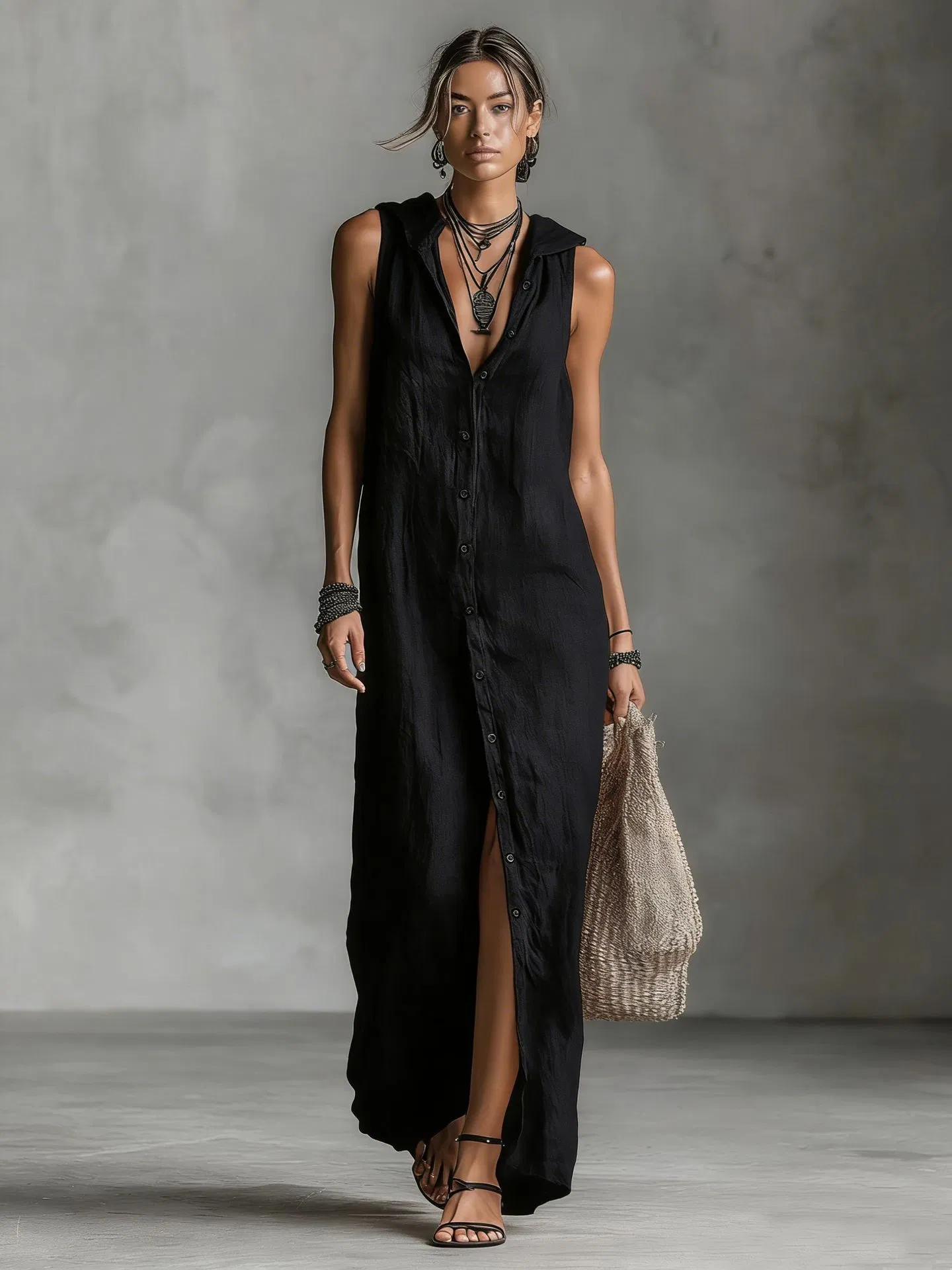 Vestido maxi sem mangas com capuz e botões na frente para mulheres