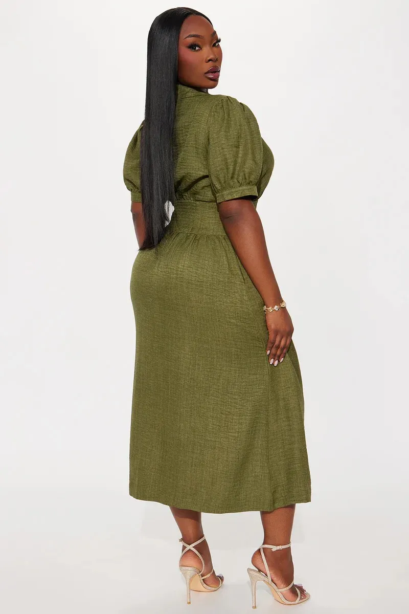 Vestido Maxi Longo de Linho Verde Oliva