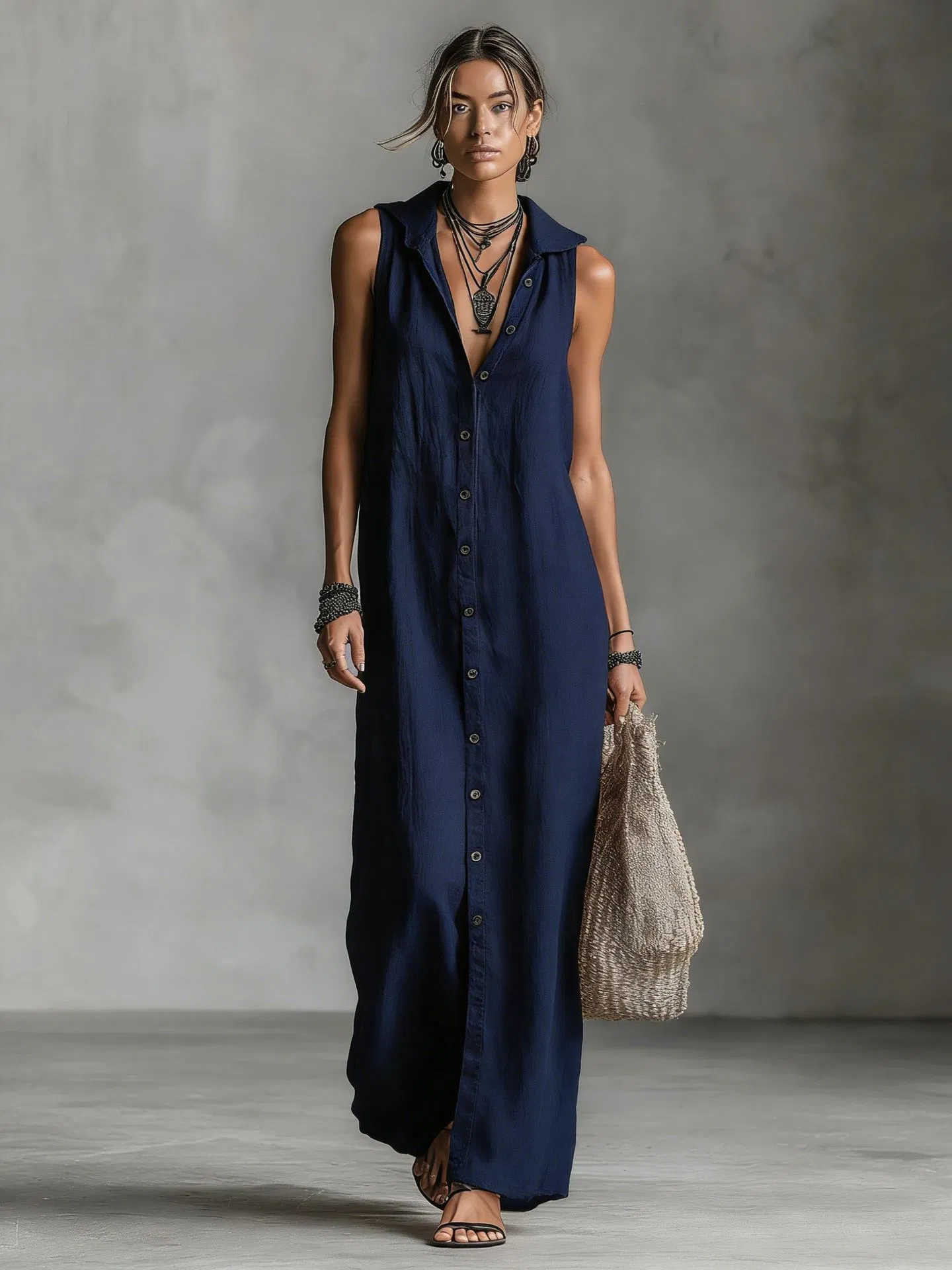 Vestido maxi sem mangas com capuz e botões na frente para mulheres