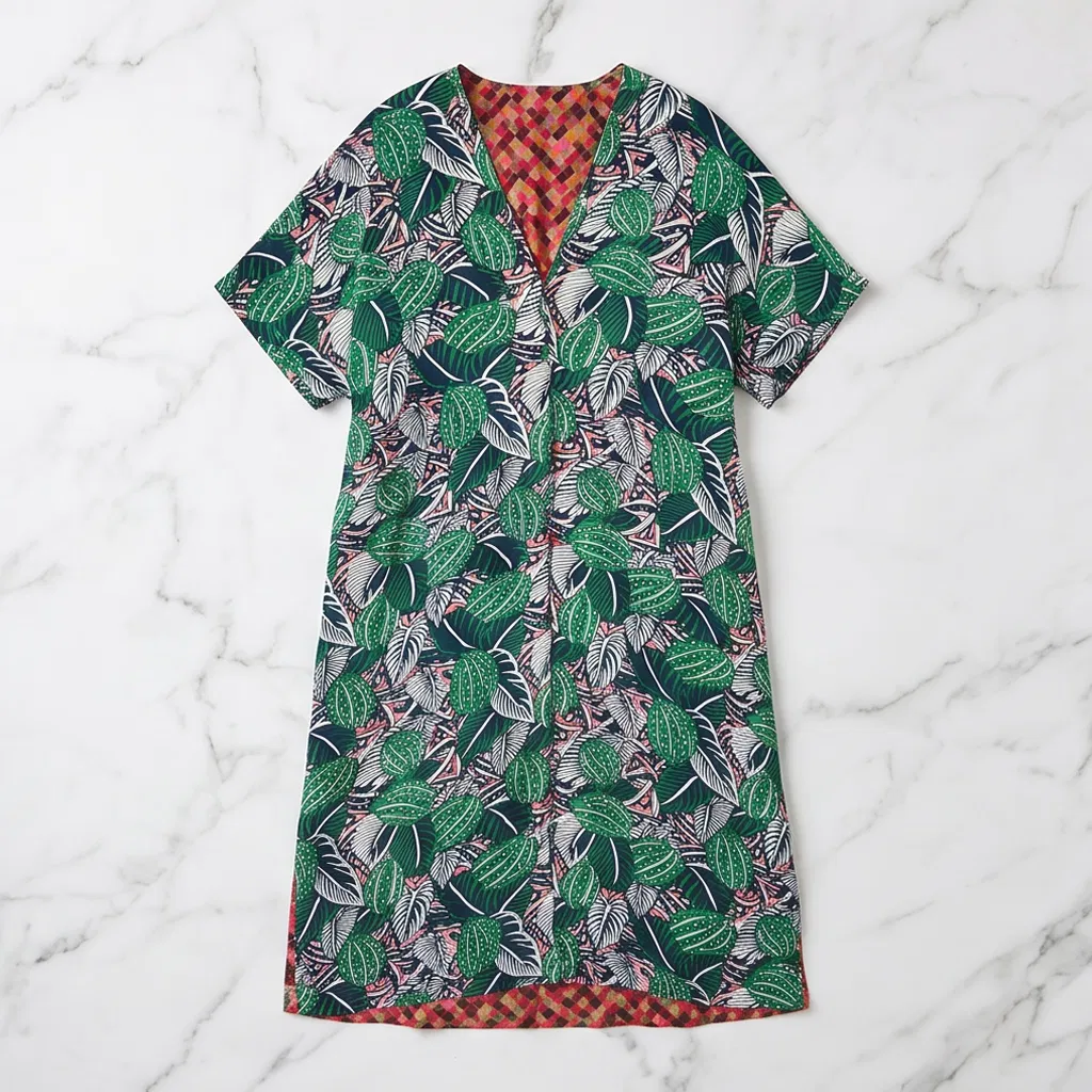 Vestido Midi Casual de Manga Curta com Decote em V Feminino Estampa de Folhas de Cacto Tropical para Férias