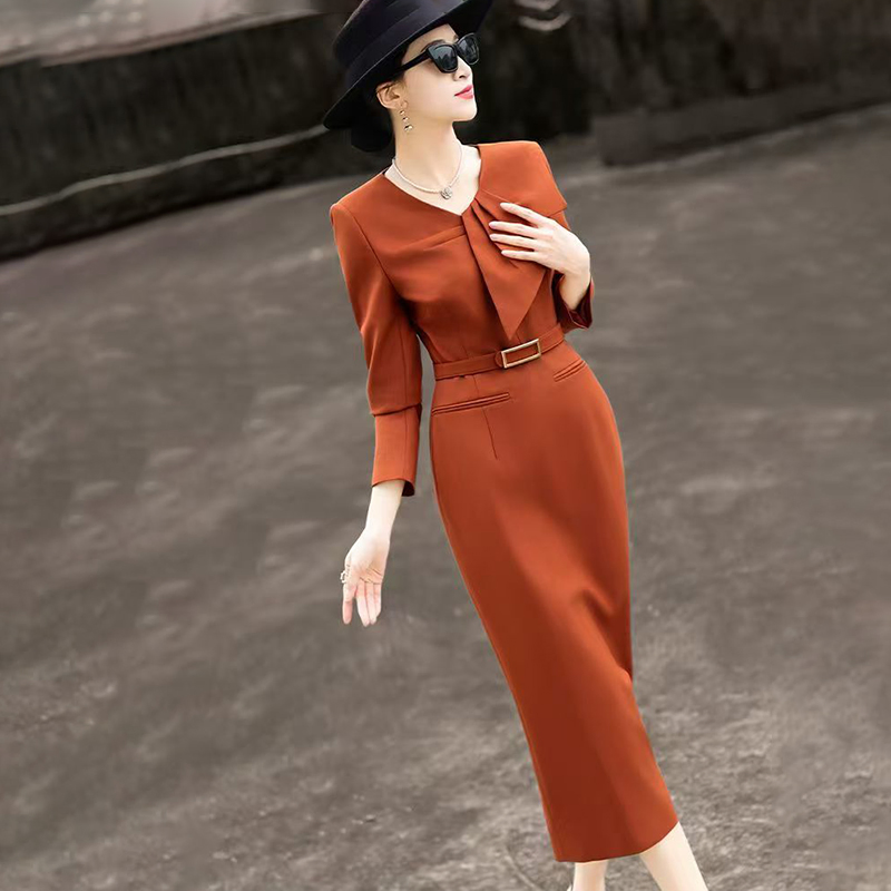 Novo Estilo Elegante Vestido Casual de Negócios Feminino de Manga Longa Laranja Corte Reto