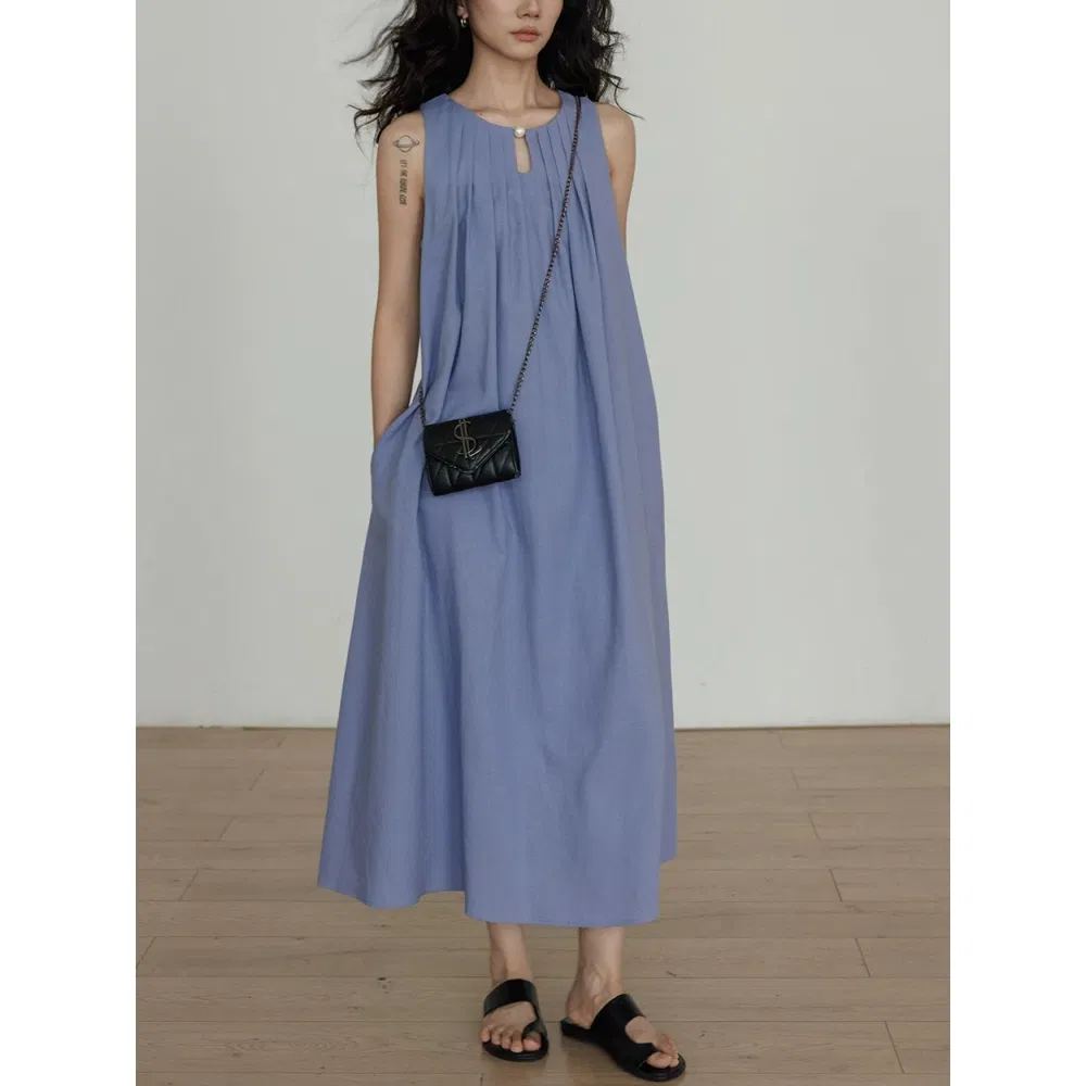 Vestido Maxi Sem Mangas de Algodão Linho Personalizado por Atacado da China para Mulheres Casual Resort