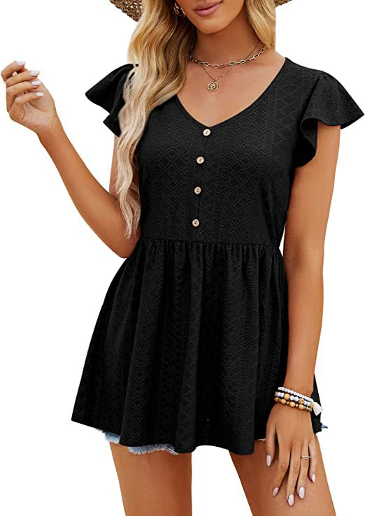 2023 Vestido Curto Casual Slim com Decote em V, Botões e Renda, T-Shirt Longa de Algodão Solta para o Verão, Tricô Jacquard para Mulheres