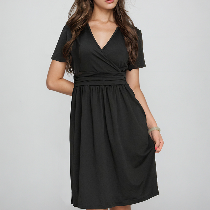 Vestido Casual de Manga Curta, Solto, Decote em V, Envolvente, Comprimento até o Joelho