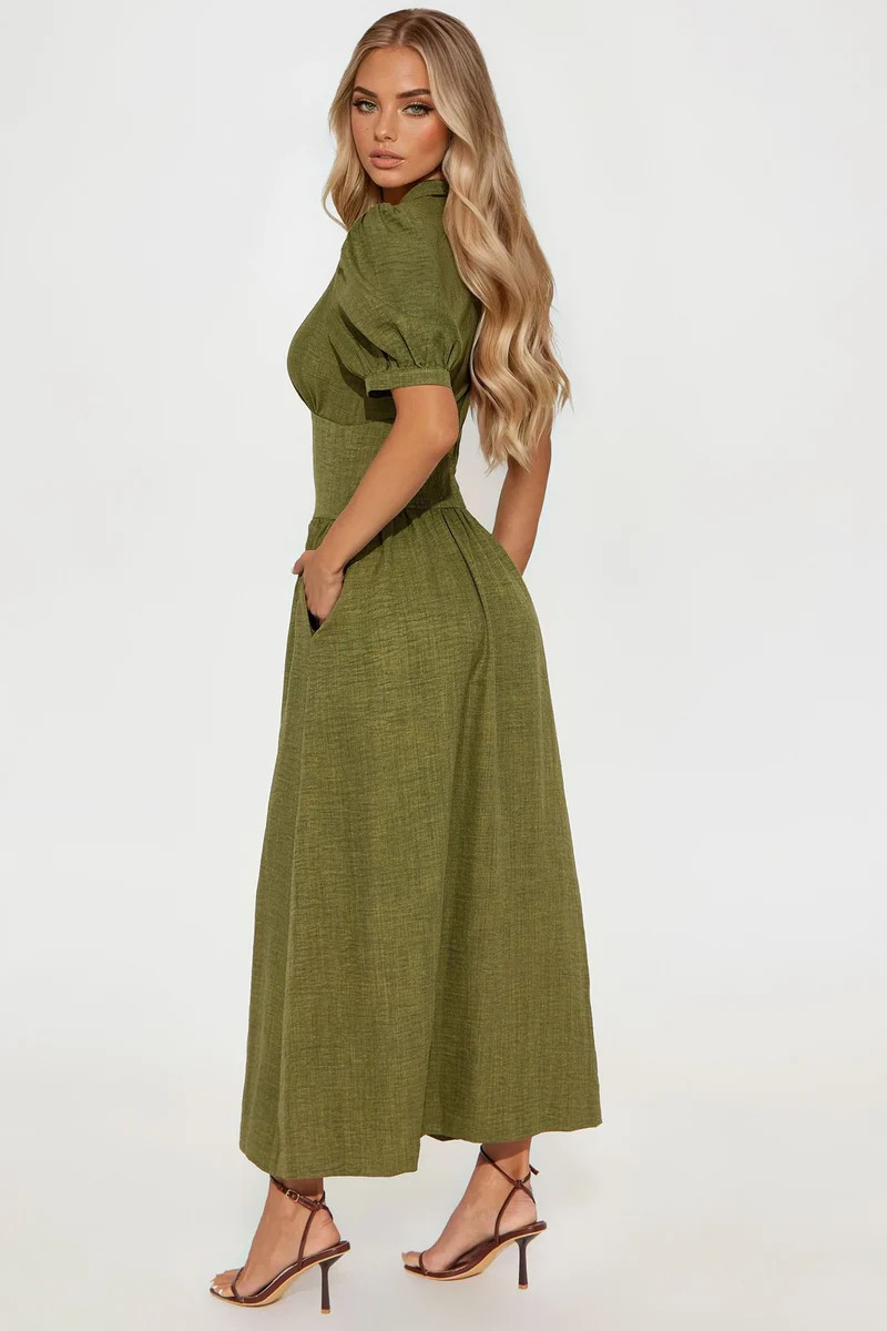 Vestido Maxi Longo de Linho Verde Oliva com Mangas Puff para Mulheres, Gola, Cintura Alta, Botões Frontais, Fenda Lateral, Look Casual de Verão