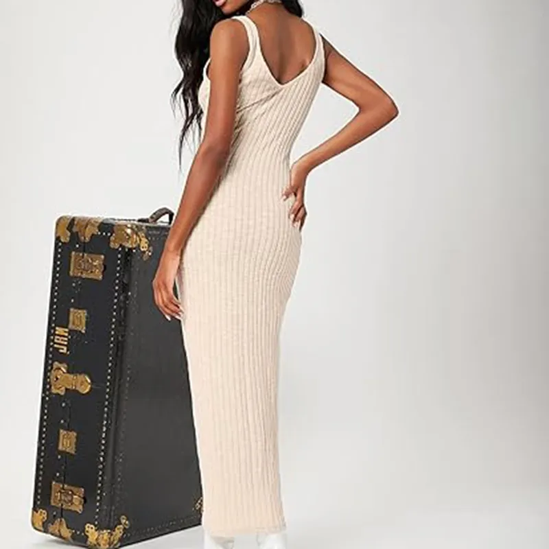Vestido Midi Justo Feminino Sexy em Malha Canelada com Decote em V Casual Sem Mangas