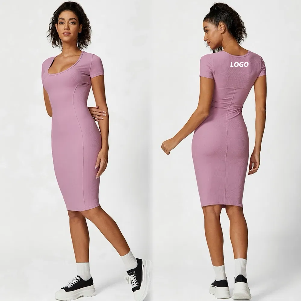 Vestidos de Verão por Atacado, Roupas de Praia, Roupas de Rua, Vestuário Ativo, Vestido Casual de Camiseta de Manga Curta, Vestidos Atléticos para Mulheres, Roupas Esportivas de Marca Própria