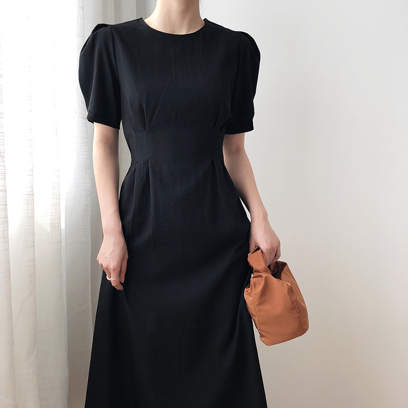 Vestido Casual Feminino de Verão Novo 2025 com Decote Redondo, Cor Sólida, Laço, Manga Curta e Manga Bubbly
