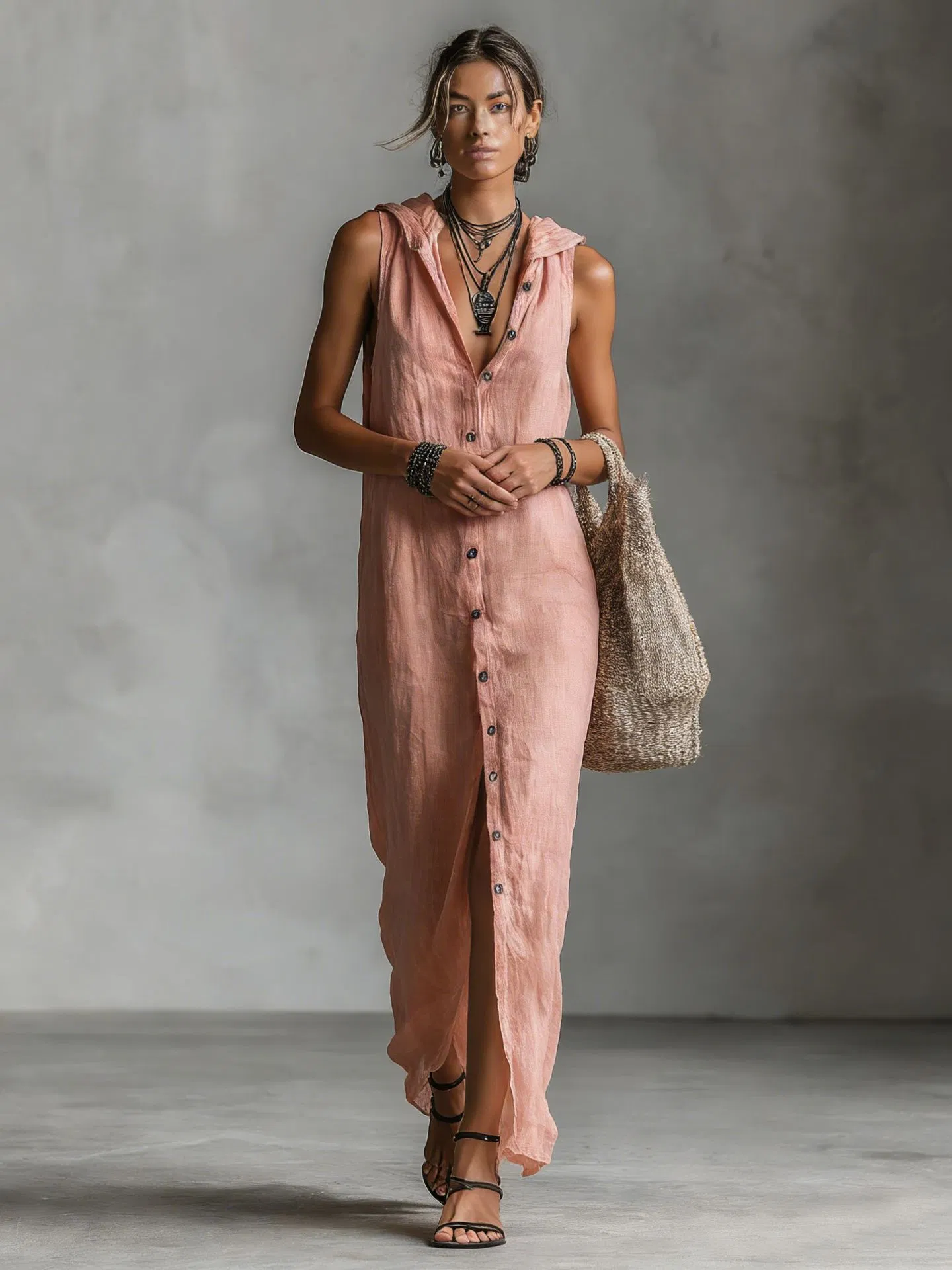 Vestido maxi sem mangas com capuz e botões na frente para mulheres