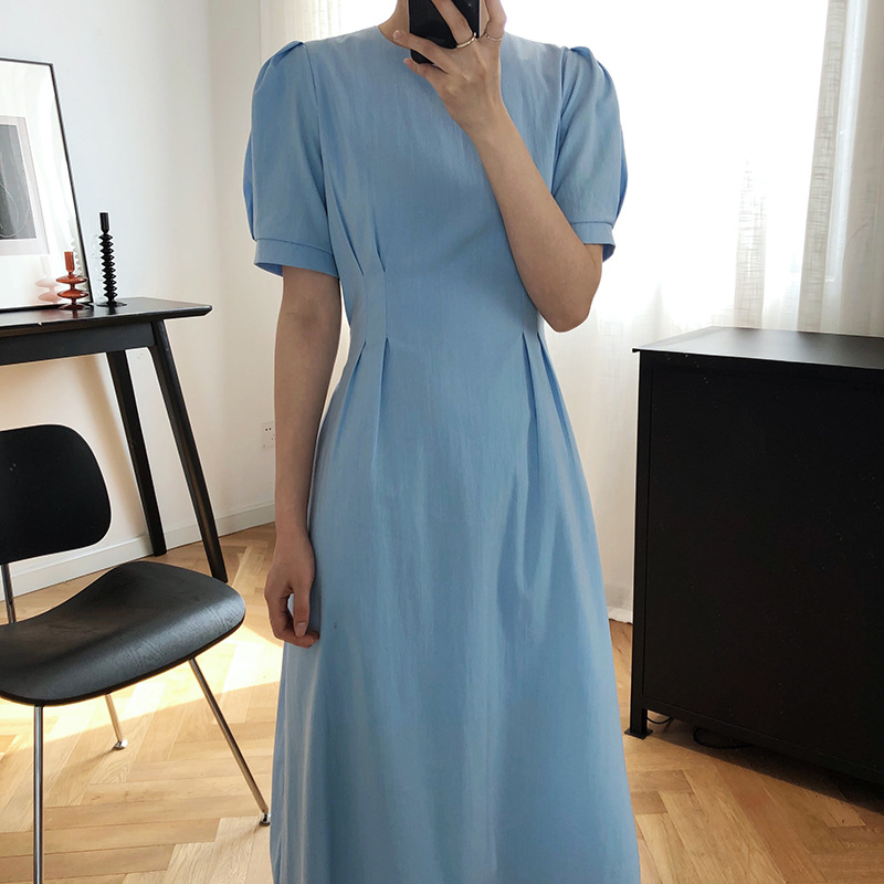 Vestido Casual Feminino de Verão Novo 2025 com Decote Redondo, Cor Sólida, Laço, Manga Curta e Manga Bubbly