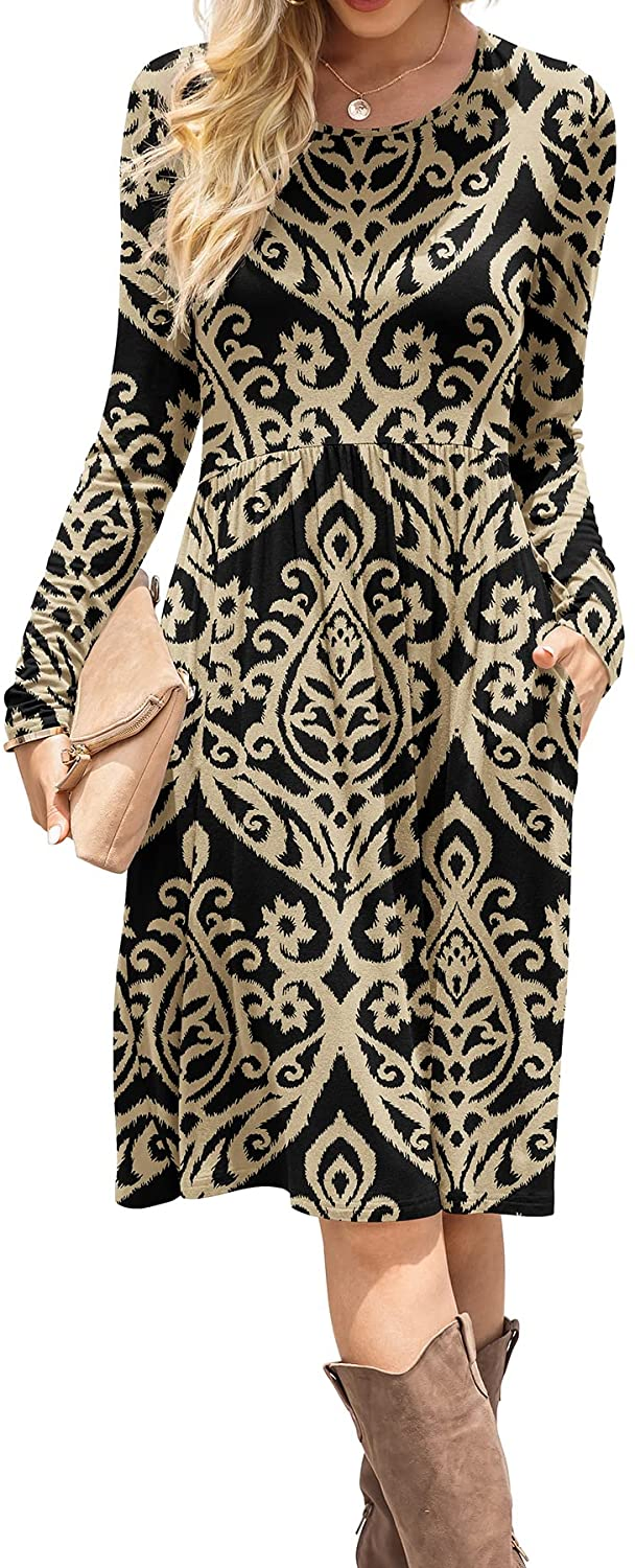 Vestidos Casuais Femininos de Manga Longa com Cintura Império, Vestido Solto com Bolsos