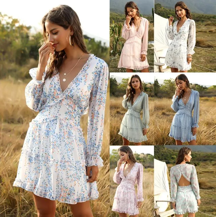 Vestido Casual de Manga Longa em V A-Line Boêmio para o Verão com Saia Curta