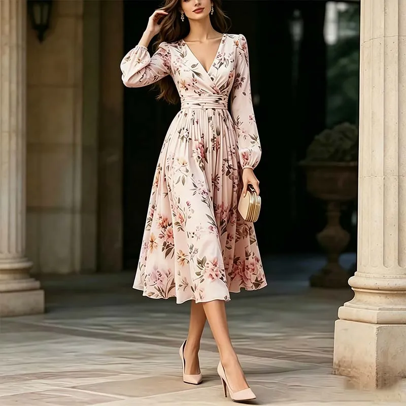 Vestido Midi Chiffon com Estampa Floral, Manga Longa, Decote em V, Cintura Reunida, A Linha, Casual, para Escritório, Convidada de Casamento, Vestido de Verão
