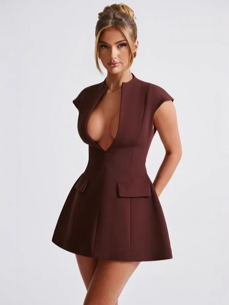 Vestido Mini Casual de Alças com Gola em V em Poliéster para Festas Femininas