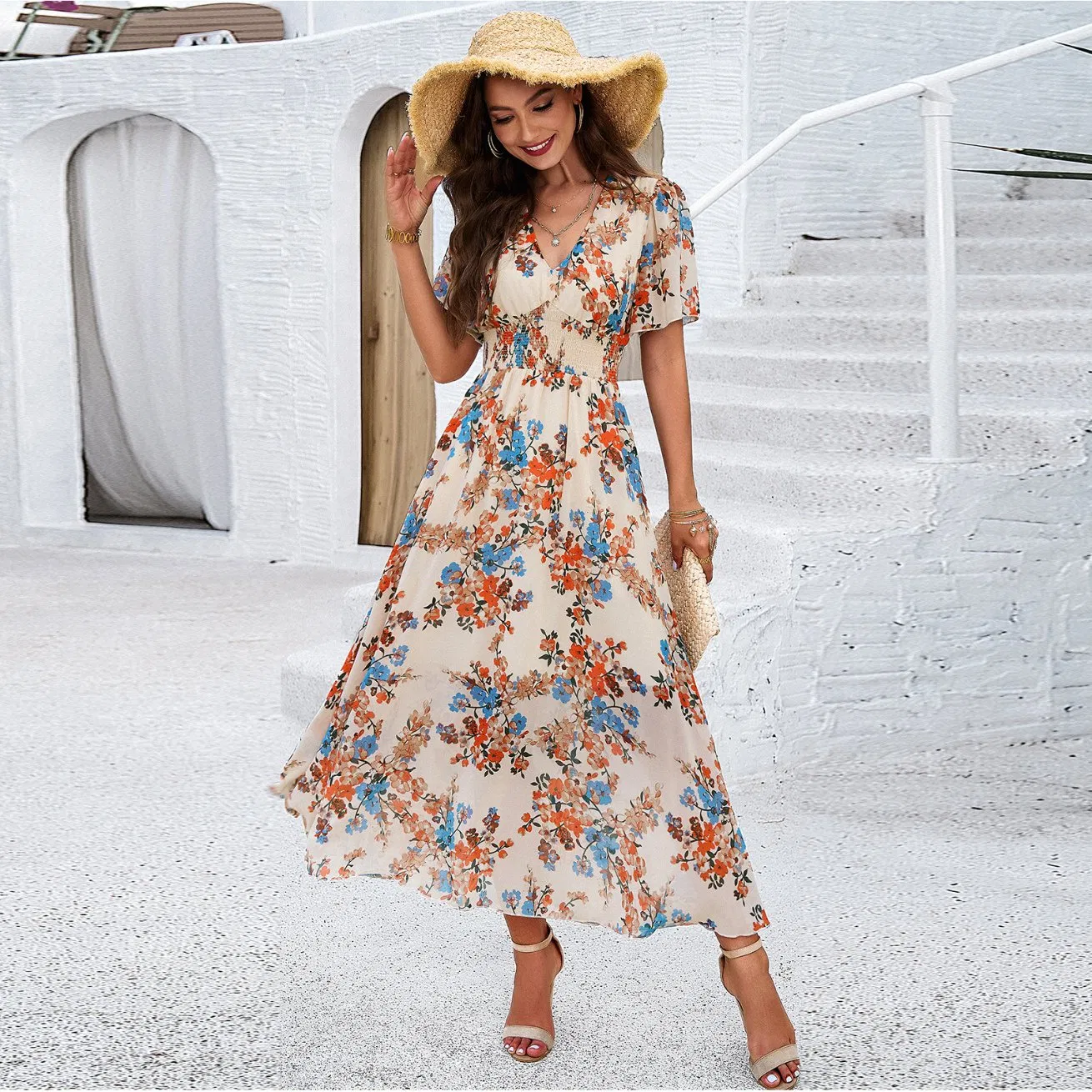 Vestido Floral com Decote em V para Mulheres, Casual, Solto, com Mangas Curtas, Cintura Alta, Vestidos para Mulheres, Envolvente, Vestido Feminino de Guangzhou