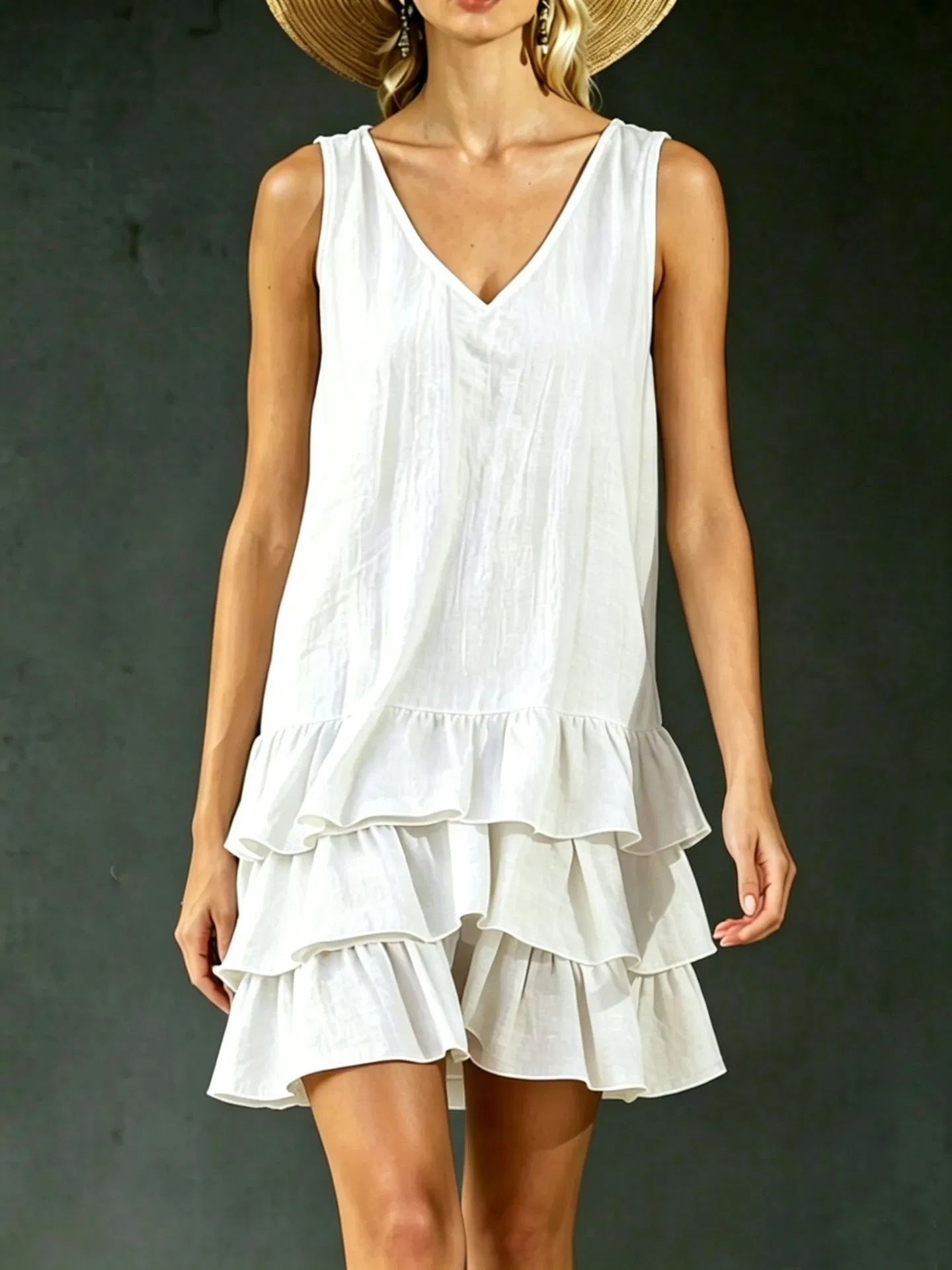 Vestido Mini Sem Mangas com Decote em V, Camadas de Renda, Vestido Casual em Linho para o Verão