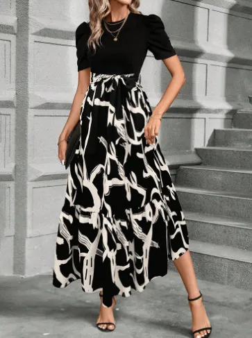 Vestido Casual Longo com Estampa Floral, Top com Recortes e Cinto na Cintura para Mulheres