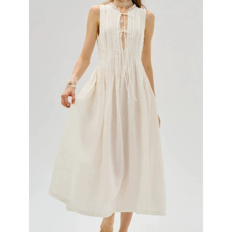 Vestido Feminino Atacado Personalizado Linho Branco Vestido Feminino Vestido Luxuoso Estilo Casual Cintura Ajustável Decote em V Laço Resort Maxi Vestido Fornecimento Direto de Exportação