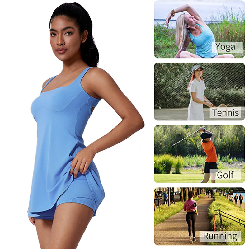 Último 2PCS Vestido Sexy Hollow Back de Pickleball e Tênis com Sutiã para Mulheres, Roupas Casuais de Viagem para Praia, Vestido Esportivo de Golfe com Shorts Destacáveis + Bolso