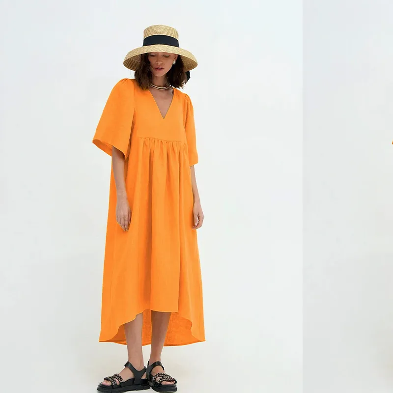 Vestido de Verão Casual Feminino de Linho com Decote em V, Manga Curta, Solto, A-Line, Cor Sólida, para o Dia a Dia